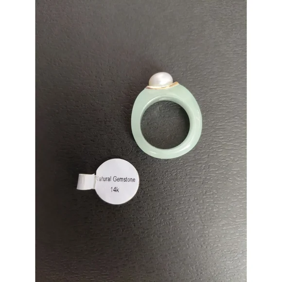 Natural Green Jade Pearl 14k Solid Yellow Gold Accent Ring Size 6 Brand New - Picture 6 of 8